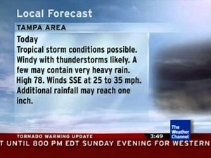 The Weather Channel - Local on the 8s for Tampa, FL with tornado warning scroll