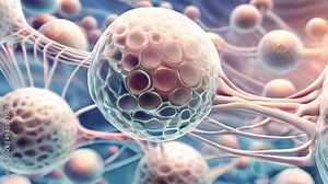 3d cells structures with filament connections. Biological systems as field of study of modern science through technology. Simulating view through microscope, calm shades, zoom in