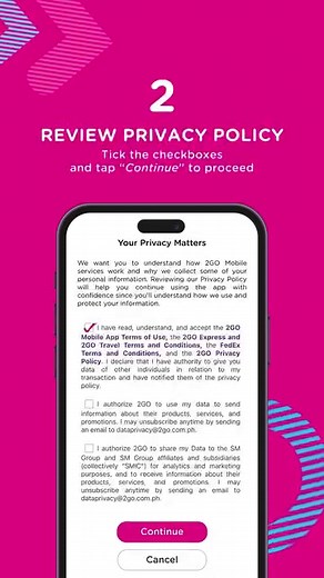 Create an account on the 2GO App in 3 easy steps so you can book your FedEx deliveries with just a few clicks! 🤳🏼 𝟭. Sign Up 𝟮. Review Privacy Policy 𝟯. Enter verification code Download your 2GO App on Google Play Store and Apple Store for free! 📱 For more booking inquiries: ☎️ Hotline: (02) 877-99-222 📍 Branch Locator: bit.ly/2GOExpressBranchOutlets 🌐 www.express.2GO.com.ph #bastapadalai2GOnayan #2GOExpress #2GOApp #courier #courierservice | 2GO Express, Inc.