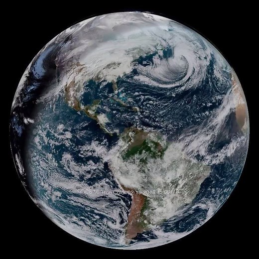 This beautiful true color view of Earth is from the Advanced Baseline Imager on NOAA's GOES-16 satellite. On March 1st, the satellite that will become GOES-17 (it's called GOES-S while it's on the ground) is scheduled to be launched. GOES-17 will be positioned to the west of GOES-16 and extend the coverage we have of this high resolution view of Earth. Read more about this dataset here: https://sos.noaa.gov/datasets/earth-in-true-color-goes-16-real-time/ | NOAA Science On a Sphere
