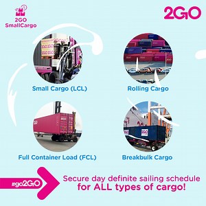 Dito sa 2GO, faster lead times for all types of cargo via SEA with our 10 vessels covering 16 ports of call! Makakapagpadala na mula Batangas to Caticlan and Roxas and Manila to the ff. areas: - Bacolod - Butuan - Cebu - Cagayan de Oro - Dumaguete - Davao - General Santos - Iloilo - Ozamis - Puerto Princesa - Tagbilaran - Zamboanga Our services include full container load, less-than-container load (LCL), rolling cargo, roll-on roll-off, breakbulk - depende sa kailangan niyo! Sure makakarating an