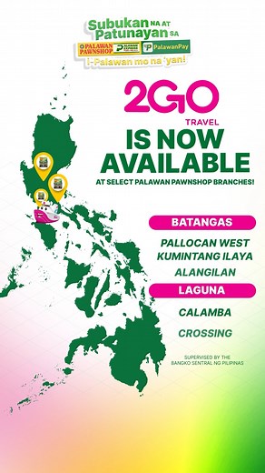 Suki, available na ang 2GO sa select Palawan Pawnshop branches. Book your tickets now! Palawan Branch finder: https://www.palawanpawnshop.com/branch-finder #SubukanAtPatunayan #iPalawanMoNaYan | Palawan Pawnshop - Palawan Express Pera Padala