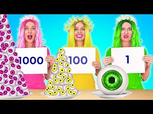 1000 SCHICHTEN ESSEN-CHALLENGE #2 || riesiges VS winziges Essen für 24 Stunden auf 123 GO! FOOD