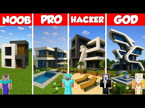 Modern House Build Battle Challenge - Noob vs Pro vs Hacker vs God - Minecraft Animation
