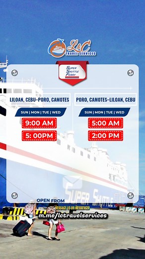 SUPER SHUTTLE FERRY: LILOAN,CEBU TO PORO, CAMOTES! Sail smoothly from Liloan,Cebu to Poro, Camotes with Super Shuttle Ferry! Experience a convenient and budget-friendly ride with a trusted service on the Liloan–Poro–Liloan route. Your perfect island adventure begins here! Grab your Super Shuttle tickets now at L&C! #SuperShuttle #Camotes #TravelwithLC 📩 For bookings, just send us a message. 📞: 0926 892 2864 📞: (038) 411 - 1585 📧 lctravelservices@yahoo.com 📩 L&C Travel Services | L&C Travel 