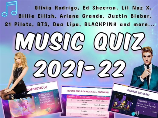 Pop Music Quiz 2021-2022, End of Year/Term Quiz: 70 questions with music tracks from chart toppers! | Teaching Resources