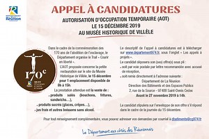 Appel à candidatures : Autorisation d’occupation temporaire du domaine public le 15 décembre 2019 au Musée Historique de Villèle