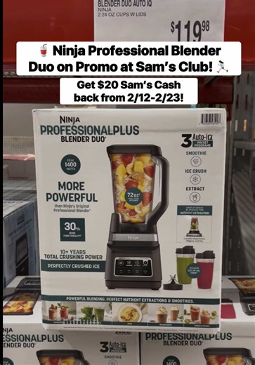 🥤 @Ninja Kitchen Ninja Professional Plus Blender DUO with Auto-iQ is at Sam’s Club, and it’s such a game-changer for quick smoothies, frozen drinks, and meal prep at home! The 1400 peak-watt motor paired with Ninja Total Crushing Blades and the Pro Extractor Blades Assembly seriously powers through ice and frozen fruit so you get that smooth, creamy texture without the struggle. 🧊 The 72-oz Total Crushing Pitcher is perfect for big batches like family smoothies, weekend margaritas, or a protei