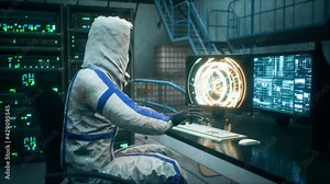 Scientist of the future and futuristic sci-fi fusion reactor to generate endless energy. The animation is for fantastic, the futuristic or scientific backgrounds. Physicist scientist at work.