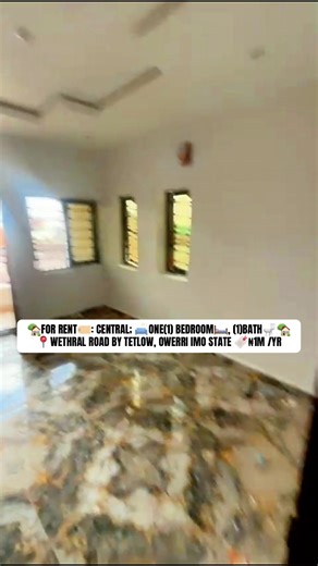 🏡FOR RENT🏷️: CENTRAL; 🛋ONE(1) BEDROOM🛏️, (1)BATH🚽📍WETHRAL ROAD BY TETLOW, OWERRI IMO STATE 🔖₦1M /YR🏡 🗝Features🔰 🏠En-suite (1)Toilet🚽✅ 🏠GRA Light💡(⭐️⭐️⭐️⭐️⭐️/5)✅ 🏠Clean Water🚰✅ 🏠Spacious Bedroom🛏✅ 🏠Living Room🛋✅ 🏠Wardrobe🪟✅ 🏠Kitchen Unit🗄✅ 🏠POP✅ 🏠Water Heater Space♨️✅ 🏠CTR🚶‍♀️✅ 🏠Gated Compound With Security👮✅ 🌐LOCATION: Wethral Road By Tetlow, Owerri Imo State. 🔖RENT: ₦1M /YR 〽️Annual, C/A ₦500K 📡AGENCY: 15% Secure Area🏡 Call/WhatsApp: 📞☎️ 09168992017 Call: 📞08