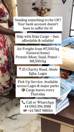 Want to send something from Nigeria to the UK or Canada without breaking the bank? With Doja Cargo, you get fast, affordable, and stress-free delivery every single week! #dojacargo #fyp #foryoupage #viralvideo #tiktoknigeria #logisticstiktok #fypppppppppppppp #fyppp Ship from Nigeria to UK Ship from UK to Nigeria Ship to Canada from Nigeria Affordable cargo Nigeria to UK Door-to-door cargo delivery Fast air freight Nigeria Cargo shipping from Lagos International shipping Nigeria Weekly cargo fro