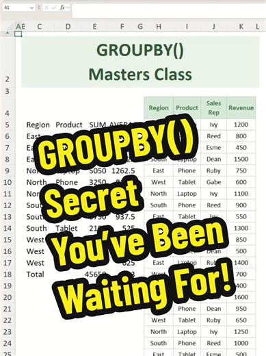 The GROUPBY() Secret You’ve Been Waiting For! - Excel Tips and Tricks If you're still here, I know you’re ready to unlock next-level Excel power—so let’s dive in! Here’s How GROUPBY() Works Like Magic: ✔ Group ONE column SUM? Easy: =GROUPBY(Region, Sales, SUM) ✔ Group MULTIPLE columns (Region Product)? Slightly trickier: =GROUPBY(HSTACK(Region, Product), Sales, SUM) ✔ Group MULTIPLE columns AND return SUM AVERAGE? 🎯 Boom: =GROUPBY(HSTACK(Region, Product), Sales, HSTACK(SUM, AVERAGE)) 💡 Pro Tip