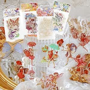 Fairy Stickers Transparent Phone Stickers Waterproof Stickers for Water Bottle Stickers for Girls Teens Adults Resin Butterfly Flower Sticker Packs Scrapbook Supplies with Craft Tweezers