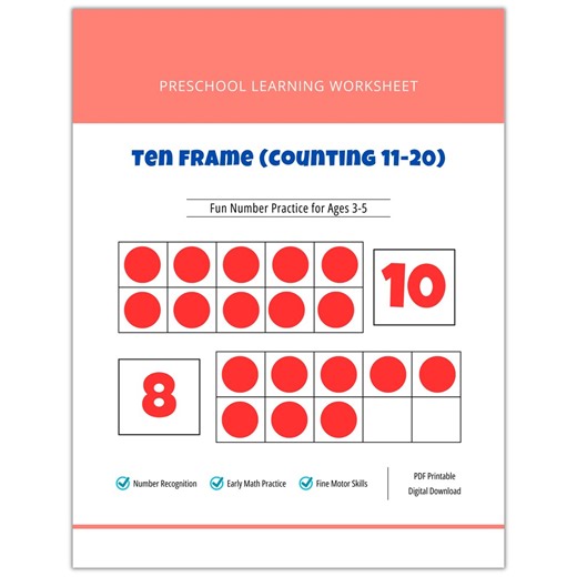 Ten Frame Worksheets 11-20 | Preschool Number Activity | Kindergarten Counting Printable PDF - Etsy