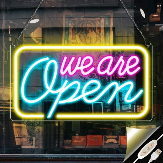 Neon We Are Open Signs For Business, 16.5''x 9'' Open Sign LED, Super Bright & Easy To Spot Open Neon Sign(Pink&Blue&Yello), With ON/OFF Switch & Adapter, Ideal For Window, Party, Wall, Bars, Coffee