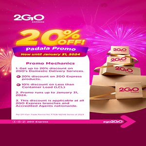 Tuloy-tuloy ang Padala Promo this new year hanggang February 29,, 2024! 🎉 Para sa iyong mga pahabol padala for your loved ones sa nagdaang holidays, or mga business padala! ✨ 20% discount on 2GO Express products ✨ 10% discount on Less than Container Load (LCL) This discount is applicable at all 2GO Express branches and Accredited Agents nationwide Book your shipments now! ☎️ Hotline: (02) 877-99-222 📍Branch Locator: bit.ly/2GOExpressBranchOutlets 🌐 www.express.2GO.com.ph #bastapadalai2gonayan